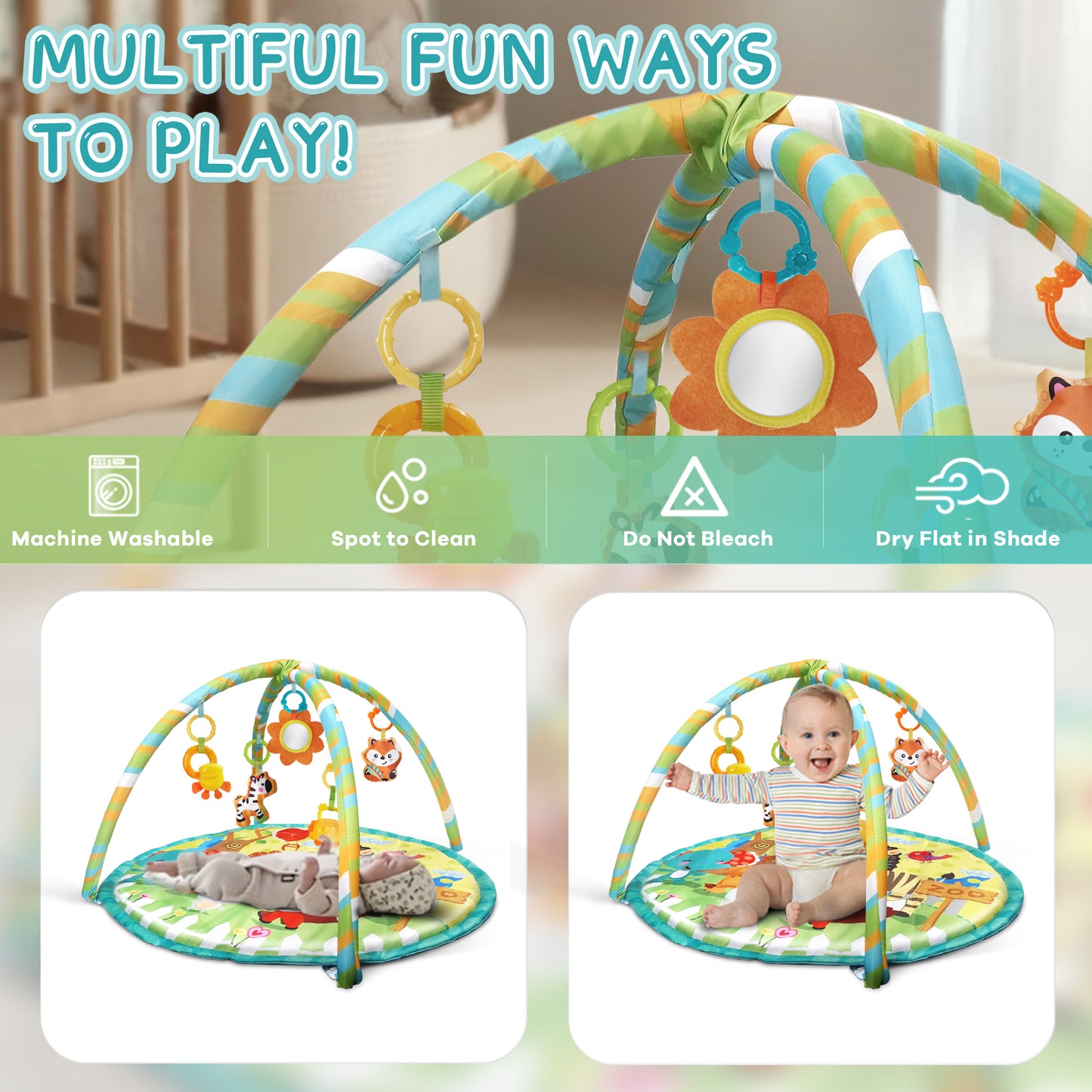 Baby Gym Mat , HDJ Washable Baby Activity Play Mat with 5 Detachable Toys for Boys and Girls, Infant Toddler Ages 0+ Months , Green
