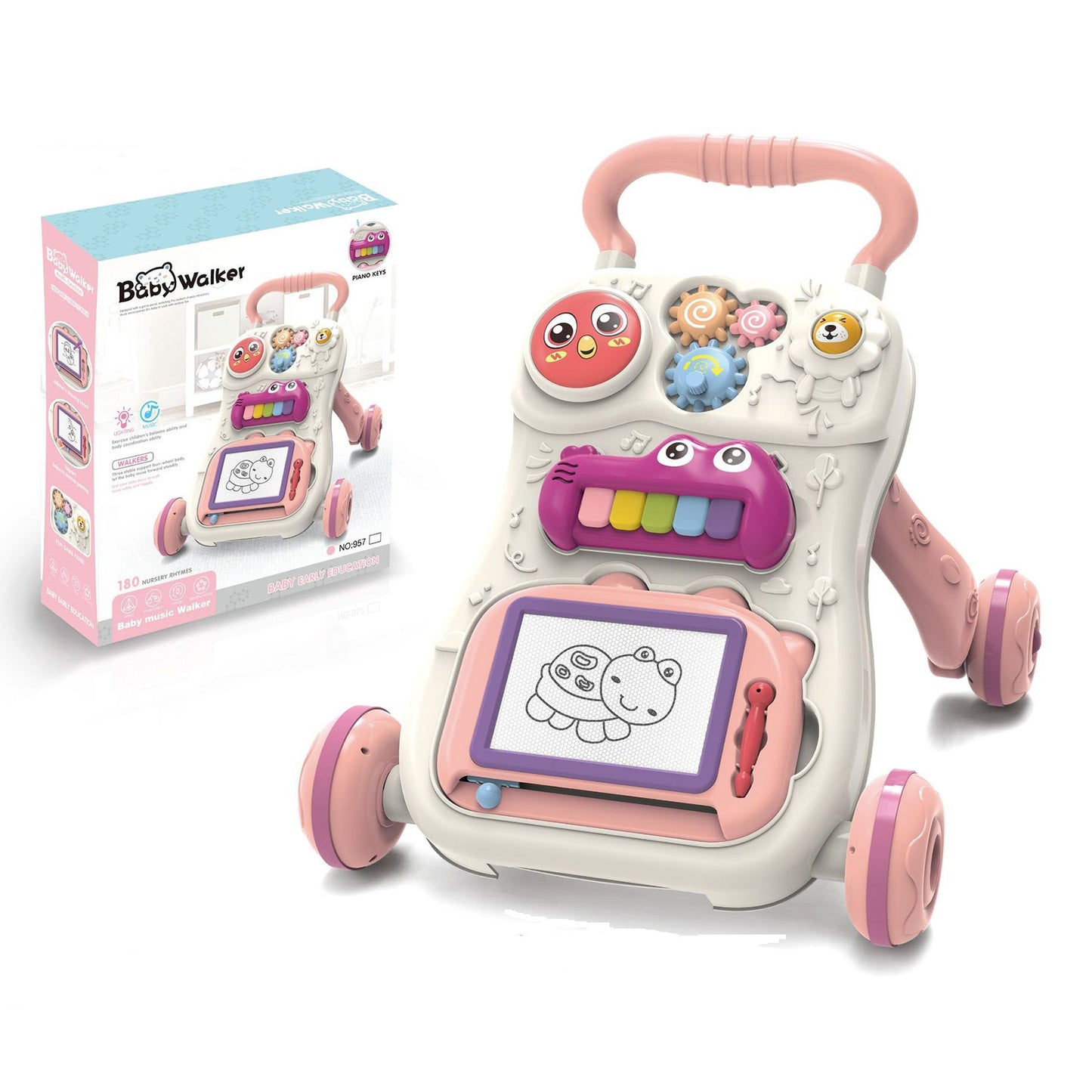 Baby Push Walker, HDJ Sit-To-Stand Baby Walker and Activity Center for Toddler Learning to Walk, Early Learning Push Toys for Infant 6+ Months Green/Pink