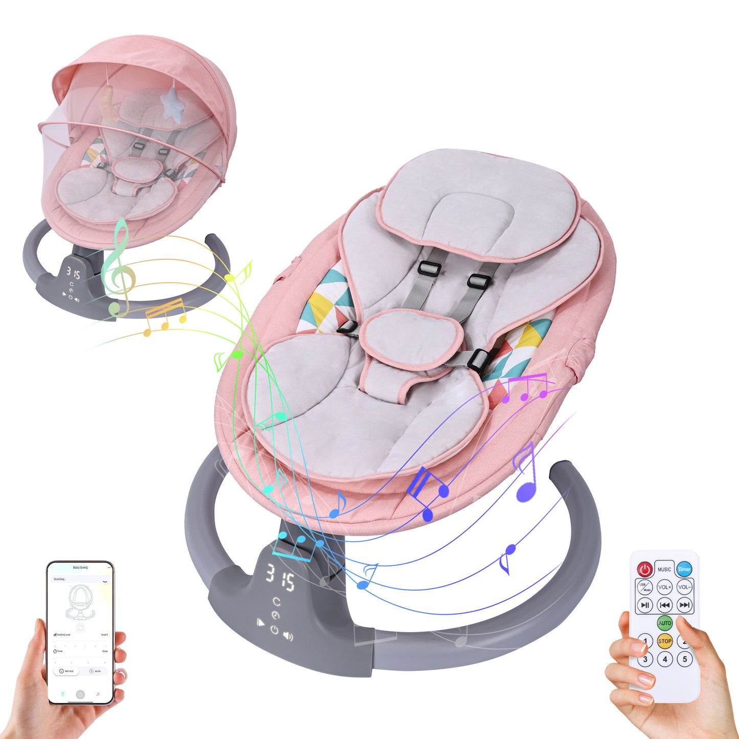 Baby Swing, HDJ Baby Swing for Infants, Portable Electric Baby Rocker with 5 Sway Speed, 10 Lullabies, APP Remote and Touch Screen Control, Bluetooth Music, Grey/Pink