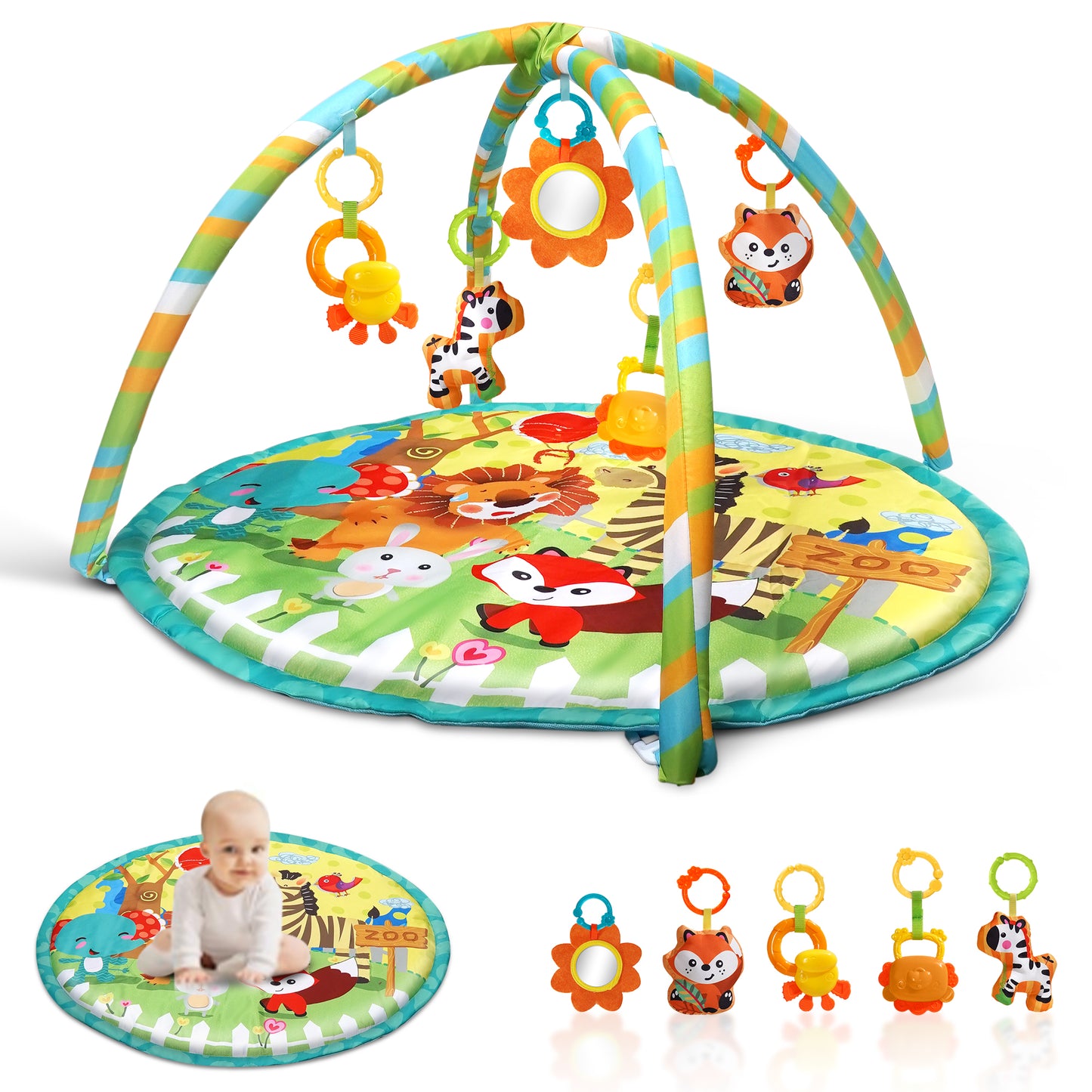 Baby Gym Mat , HDJ Washable Baby Activity Play Mat with 5 Detachable Toys for Boys and Girls, Infant Toddler Ages 0+ Months , Green