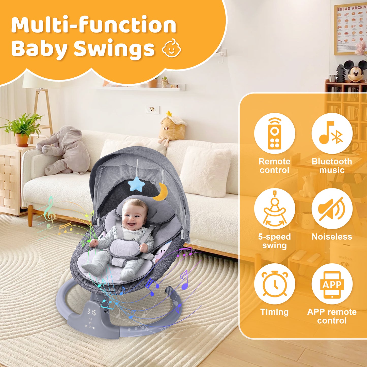 Baby Swing, HDJ Baby Swing for Infants, Portable Electric Baby Rocker with 5 Sway Speed, 10 Lullabies, APP Remote and Touch Screen Control, Bluetooth Music, Grey/Pink