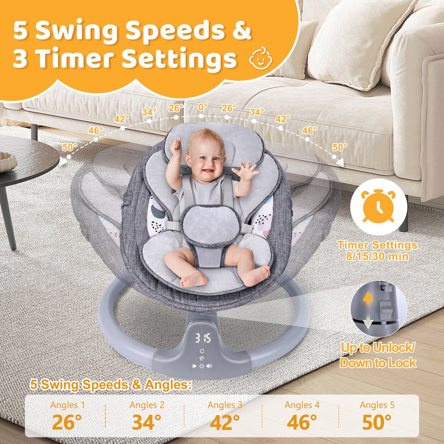 Baby Swing, HDJ Baby Swing for Infants, Portable Electric Baby Rocker with 5 Sway Speed, 10 Lullabies, APP Remote and Touch Screen Control, Bluetooth Music, Grey/Pink