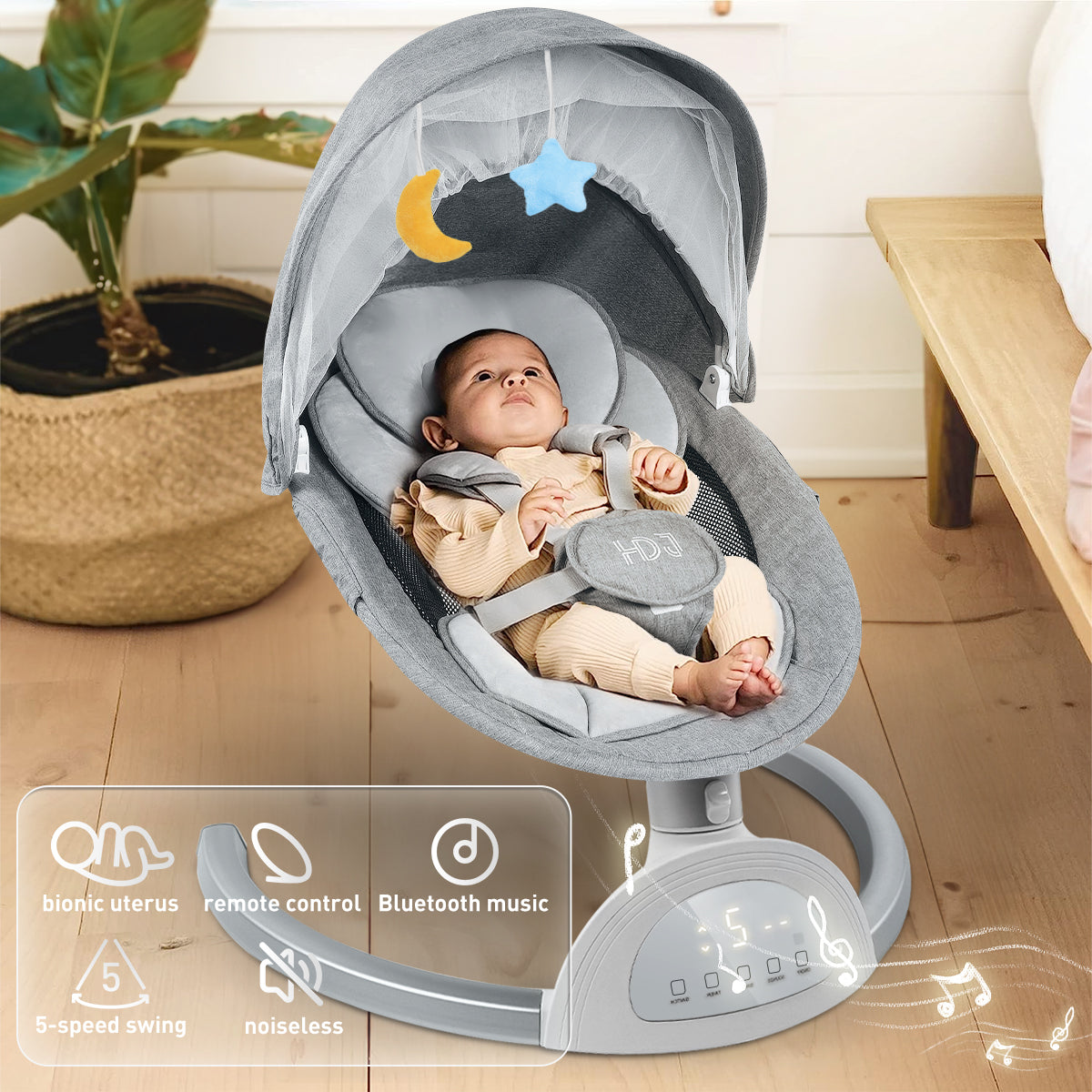 Baby Swing for Infant, HDJ Electric Baby Bouncer Rocker with Music Playing, Touch Screen,Portable Swing for Travel,Grey
