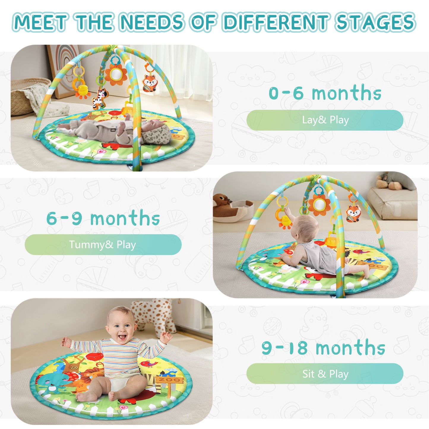 Baby Gym Mat , HDJ Washable Baby Activity Play Mat with 5 Detachable Toys for Boys and Girls, Infant Toddler Ages 0+ Months , Green