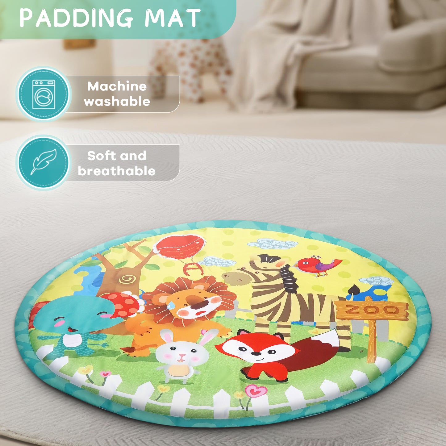 Baby Gym Mat , HDJ Washable Baby Activity Play Mat with 5 Detachable Toys for Boys and Girls, Infant Toddler Ages 0+ Months , Green