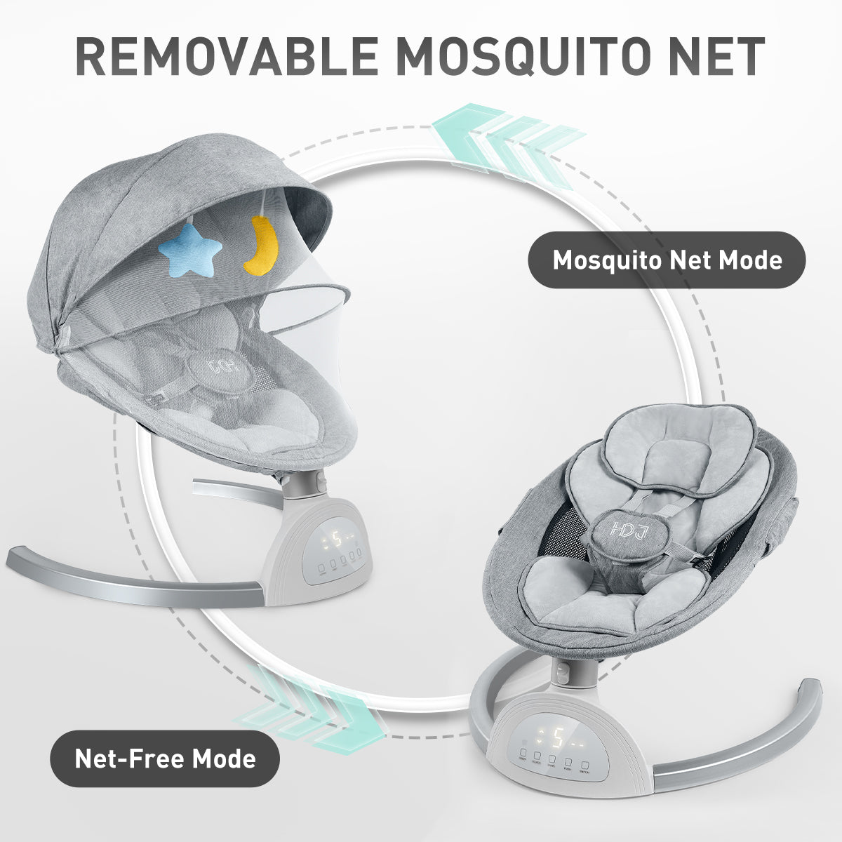 Baby Swing for Infant, HDJ Electric Baby Bouncer Rocker with Music Playing, Touch Screen,Portable Swing for Travel,Grey
