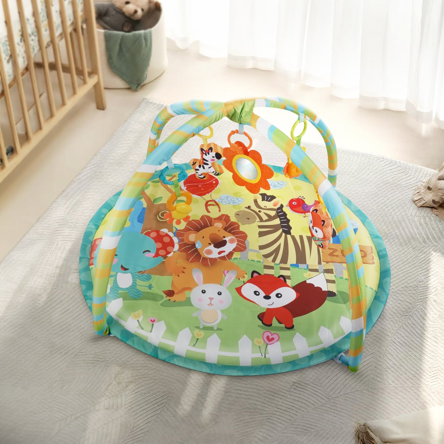 Baby Gym Mat , HDJ Washable Baby Activity Play Mat with 5 Detachable Toys for Boys and Girls, Infant Toddler Ages 0+ Months , Green