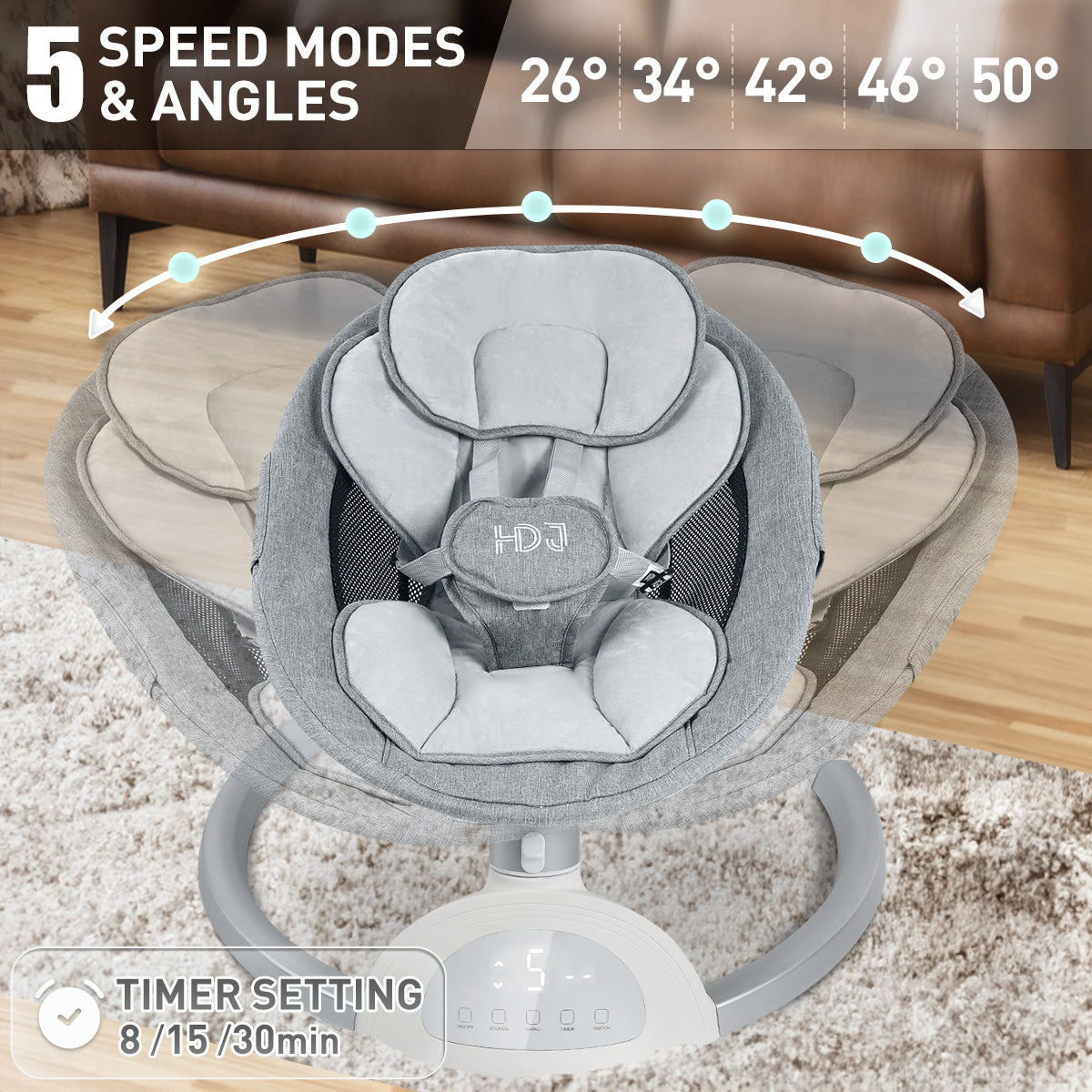Baby Swing for Infant, HDJ Electric Baby Bouncer Rocker with Music Playing, Touch Screen,Portable Swing for Travel,Grey