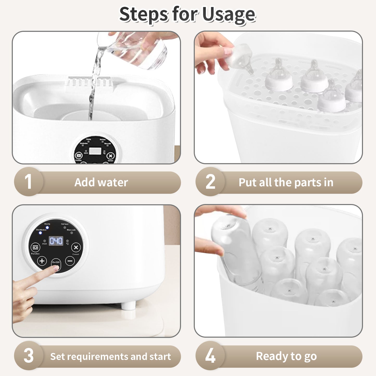 Baby Bottle Sterilizer, HDJ 4-in-1 Electric Steam Bottle Sterilizer and Dryer for Baby stuffs, Warmer Milk, Heating Food, White