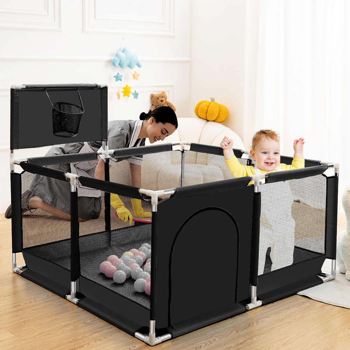 Baby Playpen,HDJ 50 inch Baby Playard with Basketball Hoop,Baby Fence Infant Play Yard for Boy and Girls Gift