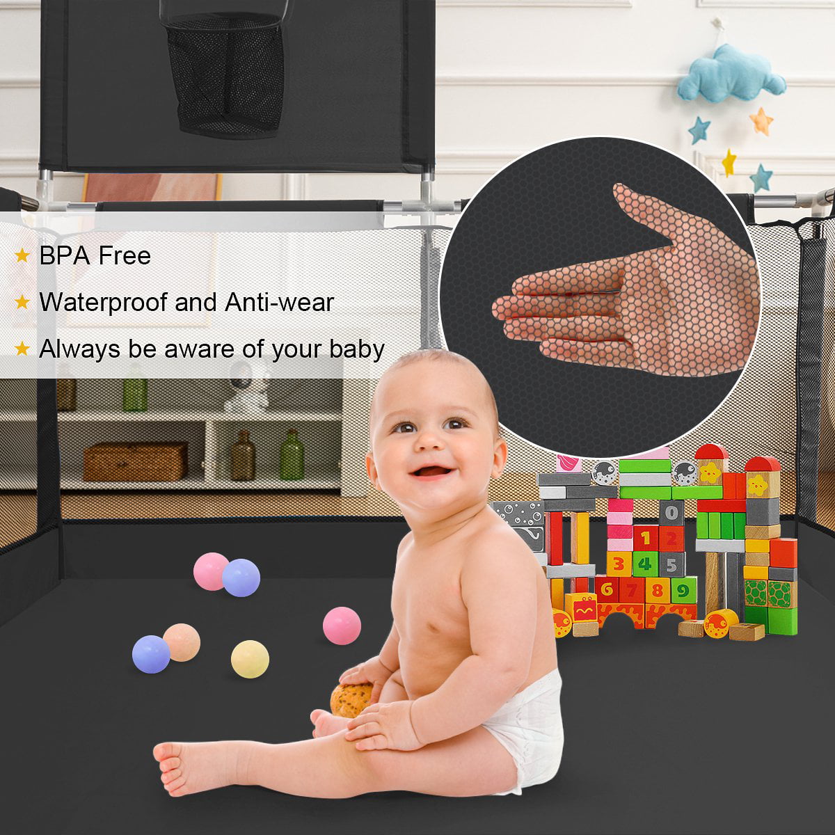 Baby Playpen,HDJ 50 inch Baby Playard with Basketball Hoop,Baby Fence Infant Play Yard for Boy and Girls Gift