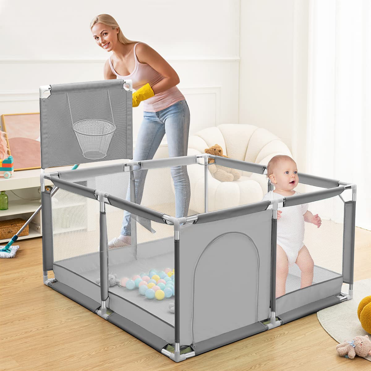 Baby Playpen,HDJ 50 inch Baby Playard with Basketball Hoop,Baby Fence Infant Play Yard for Boy and Girls Gift