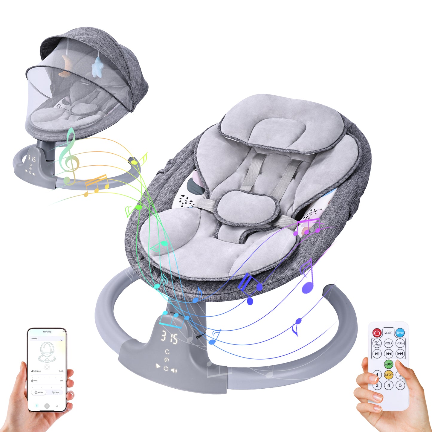 Baby Swing, HDJ Baby Swing for Infants, Portable Electric Baby Rocker with 5 Sway Speed, 10 Lullabies, APP Remote and Touch Screen Control, Bluetooth Music, Grey/Pink