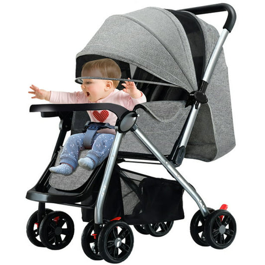 Baby Stroller, HDJ Folding High Landscape Infant Carriage, Reversible Bassinet Pram with Storage Basket, Anti-Shock Toddler Pushchair Stroller, Grey