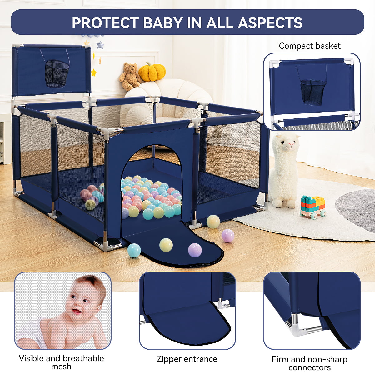 Baby Playpen,HDJ 50 inch Baby Playard with Basketball Hoop,Baby Fence Infant Play Yard for Boy and Girls Gift