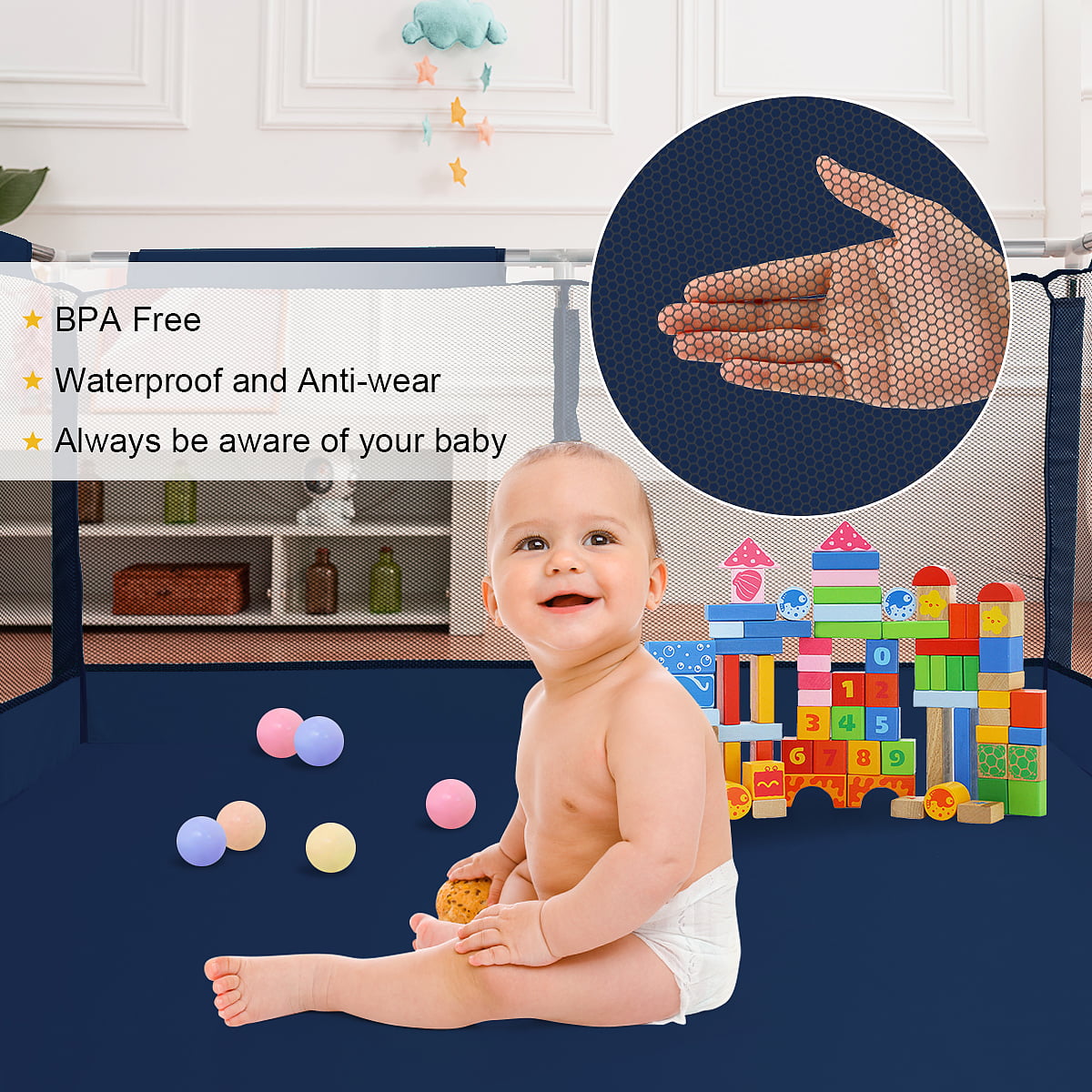 Baby Playpen,HDJ 50 inch Baby Playard with Basketball Hoop,Baby Fence Infant Play Yard for Boy and Girls Gift