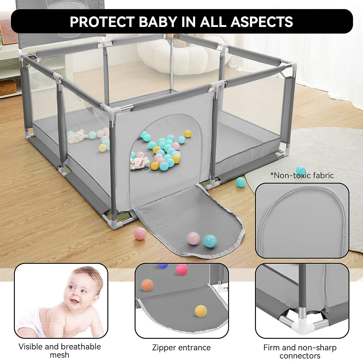 Baby Playpen,HDJ 50 inch Baby Playard with Basketball Hoop,Baby Fence Infant Play Yard for Boy and Girls Gift