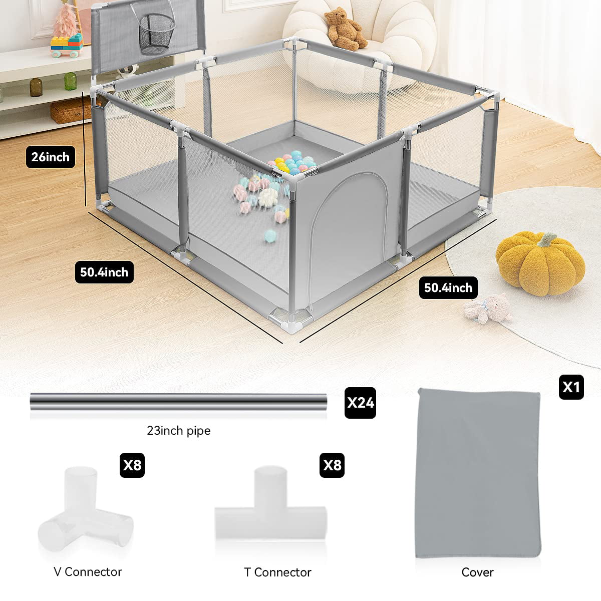 Baby Playpen,HDJ 50 inch Baby Playard with Basketball Hoop,Baby Fence Infant Play Yard for Boy and Girls Gift